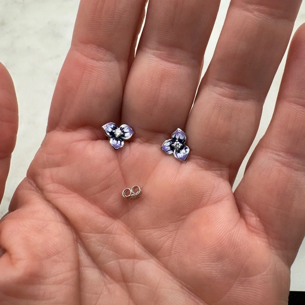 2/$30 Genuine 925 Sterling Silver & CZ Enameled Pansy Flower Earrings - Picture 6 of 6